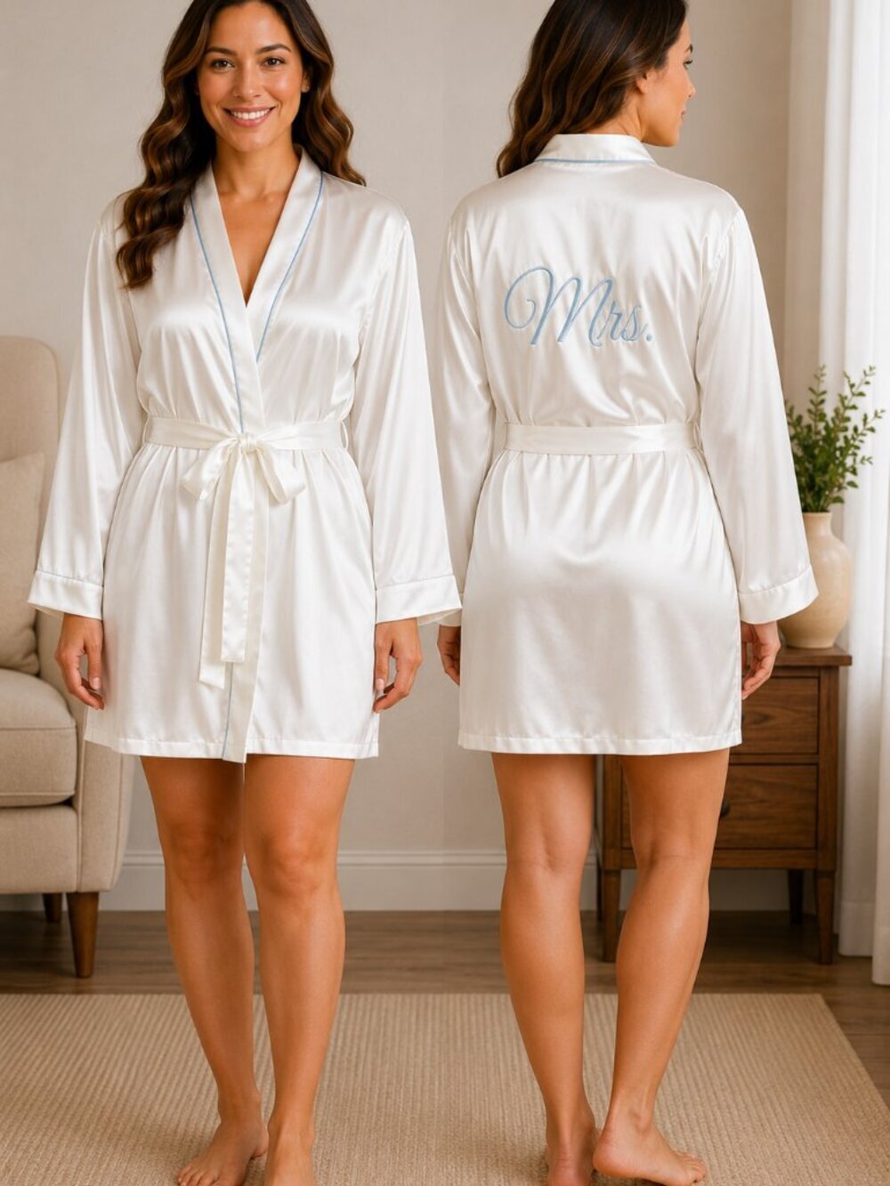 NEW Linea Donatella "Mrs" Satin Bridal Robe Chemise Set Ivy Blue S
